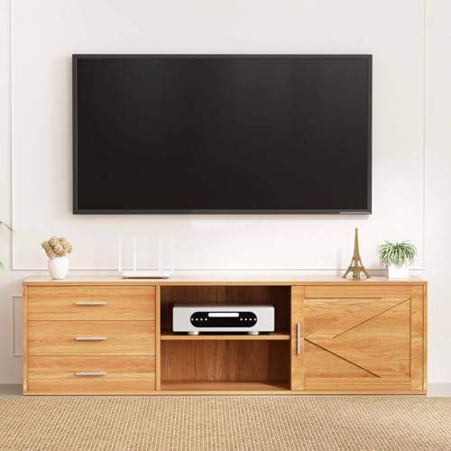 HOMAVO TV-Lowboard, Modernes Fernsehschrank mit 3 Schubladen, Schiebetür, Offene Fächer, 160-180 cm Breit, Holzwerkstoff, in Weiß, Schwarz, Natur oder Kaschmirgrau (Holzoptik, 160 cm)