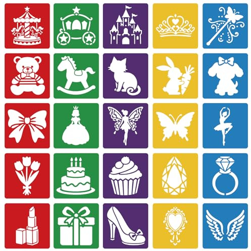 CUTHOLLOW 25 PCS Süße Elemente Schablonen Malen | 20x20cm Bunte Malschablonen Groß, Große Wiederverwendbar Cartoon Malerei Schablone für Scrapbooking DIY Geschenkkarten