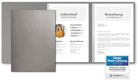 15 Stück 3-teilige Bewerbungsmappen Grau mit 2 Klemmschienen in feinster Lederstruktur - hochwertige Prägung ''BEWERBUNG'' - direkt vom Hersteller STRATAG
