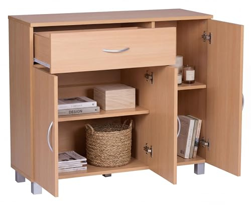 FineBuy Sideboard SETE 90x30x75 cm Buche mit Schublade und 3 Türen | moderne Kommode für Schlafzimmer, Esszimmer und Flur, Anrichte mit Stauraum, Schränkchen mit Ablagefläche