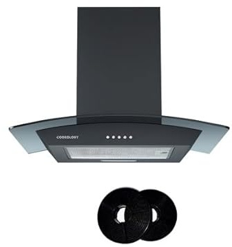 Cookology CGL600BK/A A Energy Rated Chimney Cooker Hood 60cm Kitchen Extractor Fan with Curved Glass, LED Light, 3 Speed 450m3 per hour and CF150 Recirculating Filters - Black | LED Light - 3 Speed Settings - A+ Energy Rated