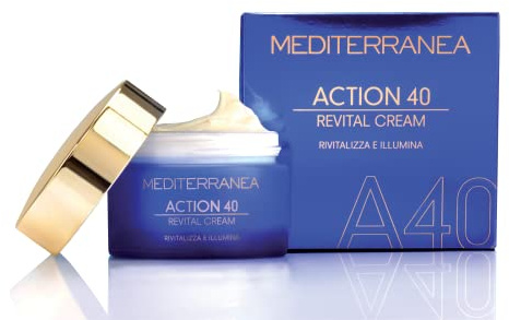 MEDITERRANEA COSMETICS Crema Viso Giorno e Notte Anti Primi Segni Con Ribosio, Maca, Acido Ialuronico e Filtri Solari Linea Action 40 Revital Cream – 50 ml