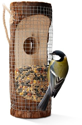 GARDIGO Vogelfutterspender aus Holz mit Drahtgitter | Winterfeste Futterstation für Wildvögel, Alternative zu Meisenknödel und Meisenringen.