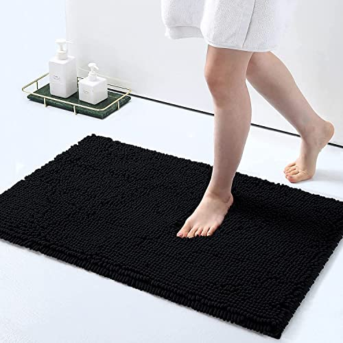 Homaxy rutschfeste Badematte Chenille Badezimmerteppich Mikrofaser Badteppich Saugfähige Hochflor Badvorleger - 40 x 60 cm, Schwarz