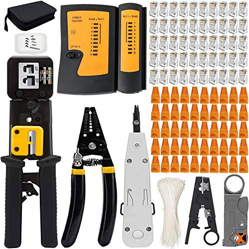 MAYLINE-TECH Mayline - Kit de herramientas de red, alicates crimpadora RJ45, pinzas para cables de red con cabeza de cristal, 50 unidades funda de 50 unidades para RJ45, RJ11, RJ12, 6P 8P (negro)