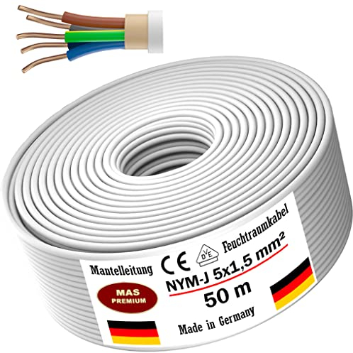 MAS Premium Feuchtraumkabel Stromkabel 5-170m Mantelleitung NYM-J 5x1,5, 2,5, 4, 6, 10 oder 16 Elektrokabel Ring für feste Verlegung (NYM-J 5x1,5 mm², 50m)