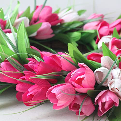 RSTYS Künstliche Tulpen Kranz Blumenkranz für Haustür 15,7 Zoll Frühling Seide Kranz mit grünen Blättern Echte Seide Blumen für Party