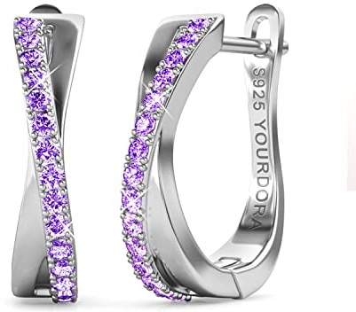YOURDORA Creolen Silber Damen Klein Ohrringe 925 Silber Rhodiniert Kreolen 15mm mit Zirkonia aus Österreich (Weißgold - Amethyst)
