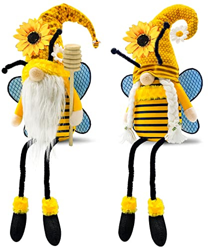 Lovinland Spring Decorations for Home, Office, Indoor - Yellow Honey Bumble Bee Sunflower Plush Gnomes Doll - Summer Gnome Gifts for Women - Bee Stuffed Sitters for Shelf Decor