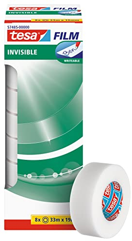 tesa invisible - matt-unsichtbares Klebeband - alterungsbeständig und reißfest - 33 m x 19 mm - 8er Pack, transparent, 33m:19mm