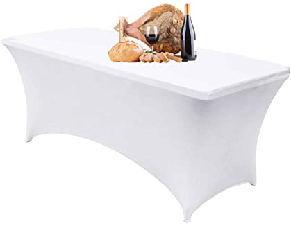 Dololoo Dehnbare Tischdecken, 1,8 m für rechteckige Tische, angepasste Spandex, rechteckige Terrassentischabdeckungen, Marktstände, Hochzeit, Party, Küche, Schönheitsveranstaltung, Dekoration, Weiß