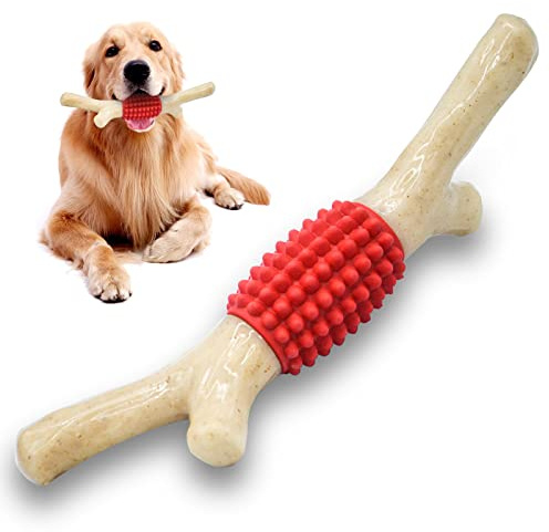 SCHITEC Cane Giocattolo da Masticare per Masticatori Aggressivi, dDuro Grande Nylon & Gomma Dentizione Stick con Vero Sapore di Pancetta per Grande Razza Media