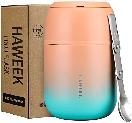 HAWEEK Contenedor de alimentos aislado de 17 onzas, termo de sopa para adultos de comida caliente, lonchera al vacío de acero inoxidable con cuchara plegable, térmica portátil para adultos y niños,