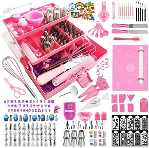 Cake Decorating Box Set, 370PCS Cake Decorating Stencils Kit 3 Layer Toolbox, Piping Bags and Tips Set, Cake Decorating Tools, Muffin Cups,Baking Supplies and Baking kit for Beginners and Cake Lovers