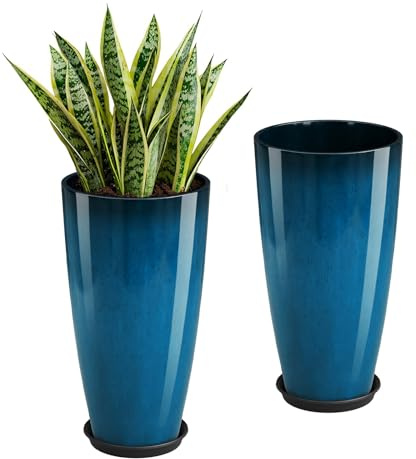 QCQHDU Pflanzgefäße für den Innenbereich, für den Innenbereich groß, für den Außenbereich und Terrasse, 2 Stück, dekorative Blumentöpfe aus Kunststoff, hohe Blumentöpfe,Ø 30 x H 53cm,Blau