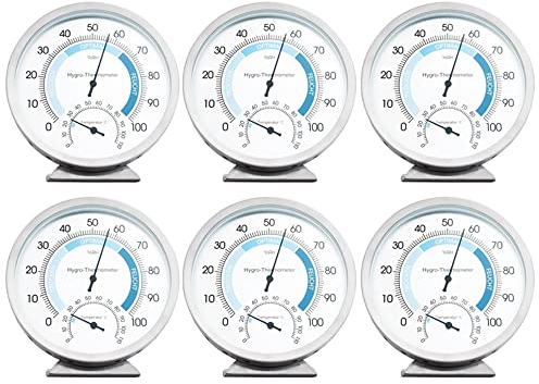 Donkivvy 6 Stück Analoges Thermo-Hygrometer, Innen- und Außen-Thermometer, Hygrometer, gesundes Innenklima, Temperatur-Luftfeuchtigkeit, Klima-Test-Präzision, rund 12,7 cm Durchmesser
