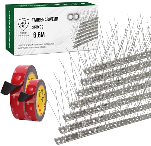 Picpige Pinchos Antipalomas - 6.6 Metros - Acero Inoxidable - 6M de Cinta Doble Cara Incluida -20 Unidades -Púas espanta Palomas y Gatos-Antiplagas para Balcones,Ventanas,Techos,Jardines -Antipalomas.