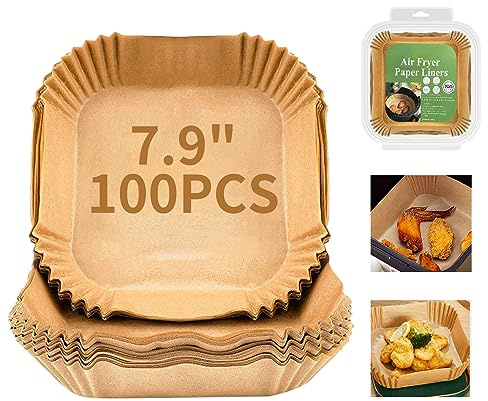Air Fryer Liners Disposable Square, 100PCS 7.9 INCH Airfryer Liners, Natural Non-stick Parchment Paper for Air Fryer Oil-proof Water-proof, Paper liners for air fryer, Steamer, Baking, Microwave Etc