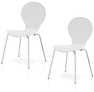 KHG 2er-Set Stapelstühle Esszimmerstuhl Schichtholz weiß glänzend | lackiert, Sitzhöhe 45 cm, Stuhlbeine aus Metall, stapelbar auch für Gastronomie geeignet, für Esszimmer und Wohnbereich