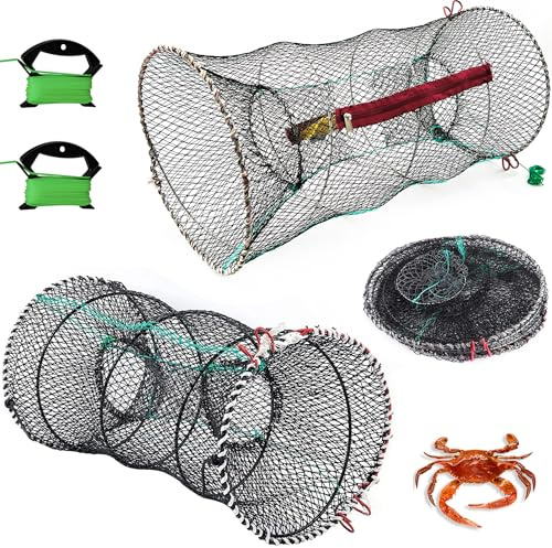 Set of 2 – Collapsible Mesh Crayfish Trap, Zipped Access and Bait Pocket, Great Crab Fish Trap Net for Catching Crabs, Lobster, Shrimp, Prawn and Crayfish – 30 cm