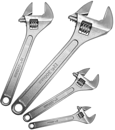 4 Piece Adjustable Spanner Set, 12inch 10inch 8inch 6inch Wrench Set | Value Pack with 4 Different Wrench Sizes, Metric Scale Marked, Ergonomic Grip, Hand Tools for Home, Garage, Auto Repair