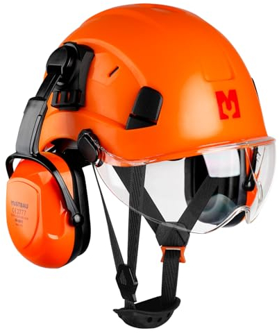 Mustbau Casco di Sicurezza EN397, Cappello Rigido con Paraorecchie e Visiera, Fascia Regolabile da 53 a 63cm, Materiale ABS Resistente Per Uomini Donne - Arancione