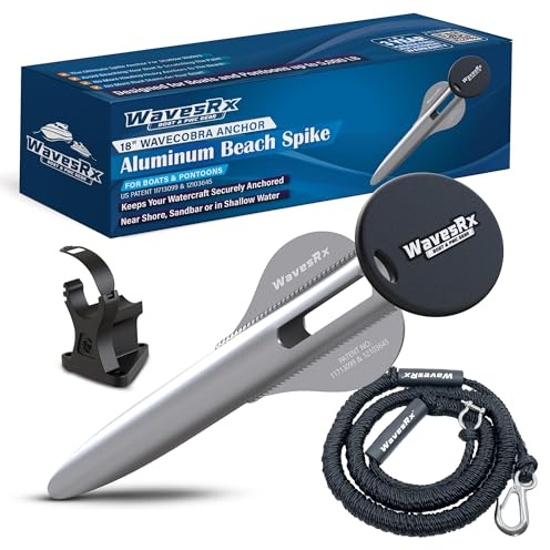 WAVESRX strandankringspaket för båtar och pontoner | 18 WaveCobra akterankare med aluminiumspik + 7 fot AnchorMate-bungee | Ultralätt patenterad design håller båtarna säkert förankrade