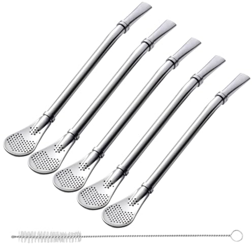 Gotetiso Strohhalmlöffel 5 Stück Edelstahl Trinkhalme Löffel Strohhalm Edelstahl mit Löffel Strohhalme Löffel Wiederverwendbare Filterlöffel Metall Filterhalme Trinklöffel mit Reinigungsbürsten Silber