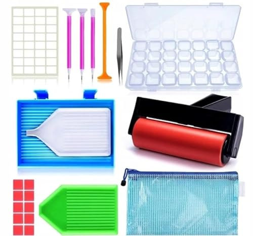 Oh Art! Diamond Painting Zubehör Accessories Aufbewahrung Werkzeug Set Kit Diamantmalerei Stifte Pinzette Kunststoffplatten Aufkleber Spatel Kleber Aufbewahrungstasche Diamantmalrolle DIY