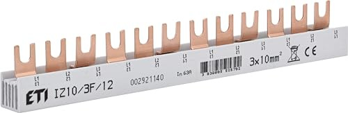 ETI Phasenschiene mit Gabelanschluss 16 mm² - 3-polig - 63A - isoliert - Reihenschiene Sammelschiene für 12 Sicherungs-Einbauautomaten