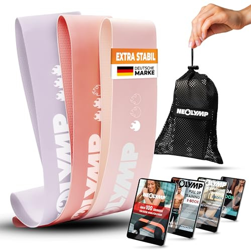 NEOLYMP 3er Fitnessbänder Set aus Naturlatex mit Fitness E-Book und Tragebeutel - Gummiband Sport, reißfestes Widerstandsbänder Set, Gymnastikband für Muskelaufbau