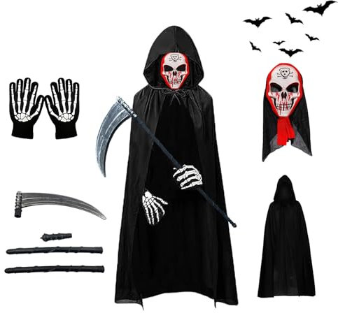 AOMAIGAD Costume da Grim Reaper,Costume da Mietitore,Mantello Cappuccio Nero con Guanti Scheletro,Maschera con teschio,Falce,Morte Costume di Halloween (Bambino-C)