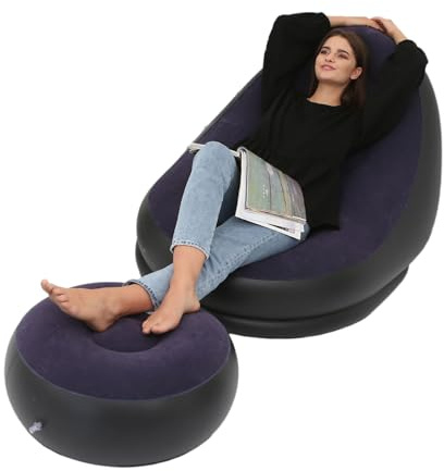 Portable Fast Inflatable Inflatable Deluxe Lounge Lounger Chair & Foot Stool Foldable Flocking PVC Comfortable Inflatable Sofa Chai for Home Camping Garden Gaming Festivals Summer (Purplish Blue)