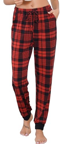 Vlazom Dam rutiga loungebyxor röda bekväma pyjamasbyxor mjuka varma stretch sovbyxor med fickor S-XXL, A-Svart röd pläd, M