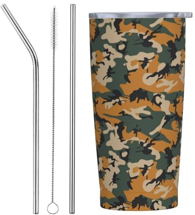 VOSERY Botella de agua de 20 onzas con tapa y popote, con estampado de camuflaje de dinosaurio, vasos aislados de acero inoxidable, taza de café de viaje, vaso personalizado