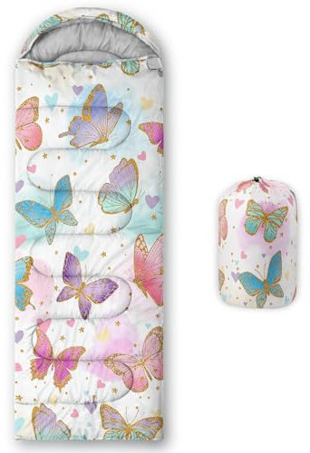 Axolotl Colorful Butterflies Camping Sleeping Bag,Pink Butterfly Camping Bag for Girls Women Adults,Warm Cool Weather,Lightweight Waterproof Portable Sleeping Bag for Traveling Camping Outdoor Indoor