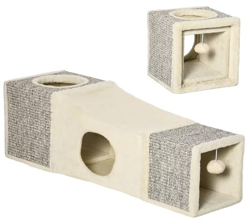 PawHut Tunnel pour Chat intérieur, Jouets pour Chats, Tunnel de Jeu avec Balle Suspendue pour Chats avec 2 niches, entrées Multiples, en sisal, crème