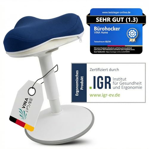 Vina Home SH-01S Zip Ergonomischer Bürohocker mit abnehmbarem Zip-Bezug | Aktives Sitzen & Stabiler Schwingeffekt | Höhenverstellbar 47–65 cm (Marineblau)