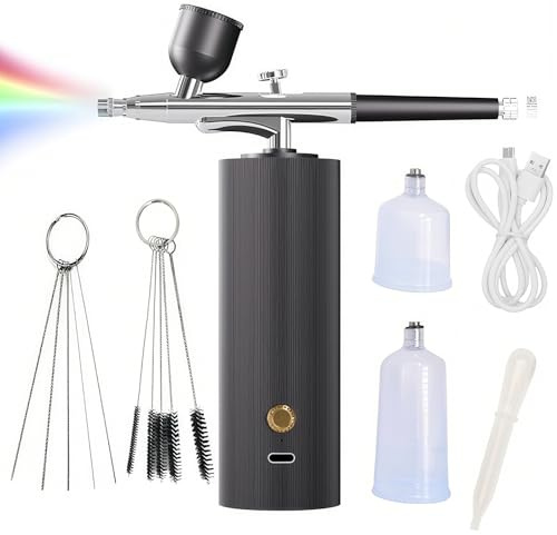 OBEST Set aerografo con compressore, ricaricabile, tipo C, con ugello da 0,3 mm e set di spazzole per la pulizia per graffiti, pittura, nail art, trucco, decorazione torta