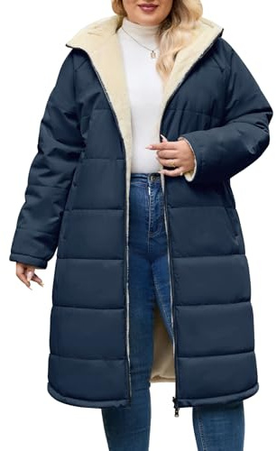 CMTOP Cappotto Donna Invernale Taglie Forti Lungo, Foderati in Pile Caldo Giubbotto Antivento Parka Elegante Classico Giacca Imbottito Giaccone con Cappuccio, Cerniera e Tasche(Blu Navy,3XL)