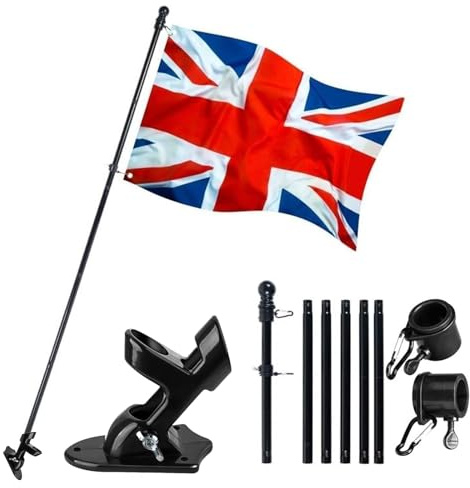 Union Jack Flags With Wall Mounted Flagpole Kit, 5ft x 3ft, 100% Polyester British National Flag with Metal Eyelets, Decorations for Outdoors and Indoors (Flag + 6FT FlagPole + Mounting Bracket)