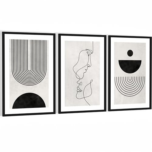 Novart Wandbilder mit Rahmen Linien - Wohnzimmer Schlafzimmer Büro Wanddeko - 3 Bilder Set 128x60 cm Schwarz - N133336aR2