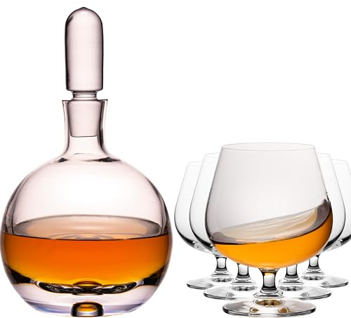 IMPERIAL glass Cognackaraffe mit Glasstopfen und 6 Cognacgläsern – aus Crystalline Glas – Karaffe 600ml Cognacglas 520ml Handmade