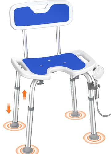 Luckfaith Sedia da Doccia con Schienale – Altezza Regolabile a 6 Livelli, Seduta Doccia Antiscivolo a U con Supporto Schiena Imbottito, Sgabello Leggero per Anziani, Disabili e Donne in Gravidanza