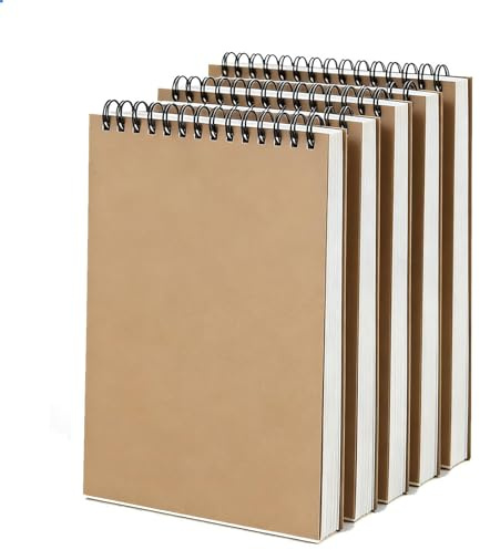 5 Stück A6 Skizzenbüch, 300 Seiten/150 Blatt, Säurefreies Papier 160 g/m², Kraftpapier Zeichenblock mit Spiralbindung, Skizzenblöcke zum Zeichnen und Skizzieren, Künstler und Studentenbedarf(Braun)