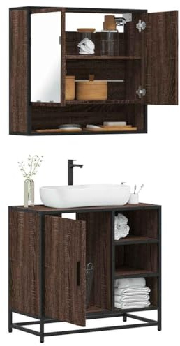 Ziaphsol 2-TLG. Badmöbel-Set Braun Eichen-Optik, Holzwerkstoff, 65x33x60cm, mit Spiegelschrank & Waschbeckenunterschrank, Robustes Design für Badezimmer