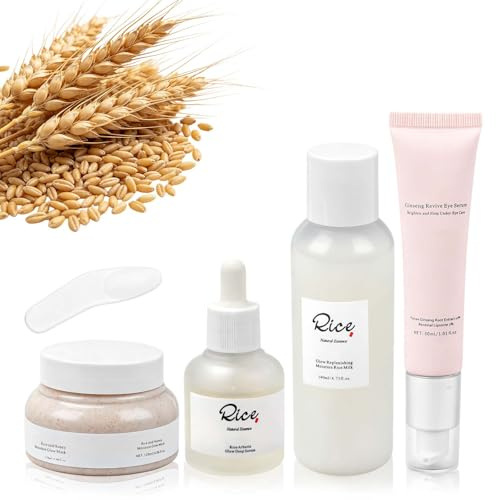 Yooyan Set de cuidado de la piel de arroz coreano de 4 piezas con suero para ojos de ginseng – suero de arbutina, máscara de arroz y miel Glow Mask, hidratante para tez radiante, set de cuidado facial