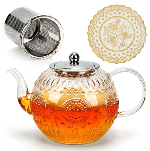 WANCHIY Glass Teapot, 1.5 L, Removable Infuser, Transparent | Borosilicate Glass,Removable Filter,Loose Leaf Brewing,Family Tea Serving,Stainless Steel,Hob Safe