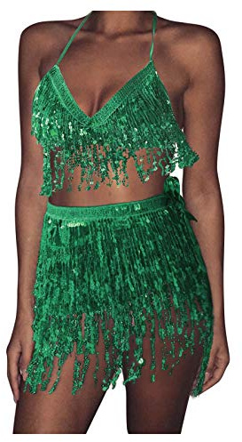 Générique Danses du Ventre pour Femme avec Franges Danse Orientale Ensemble Femme Paillettes Haut Dos à Franges + Jupe Courte Paillettes pour Danse du Ventre Danses Latine Festivals Robe de Fête
