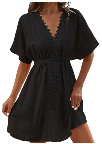 Dam issilke tyg spets lapptäcke strandkjol bikini baddräkt över topp luftiga badkläder skydd ups med elegant design, svart, S